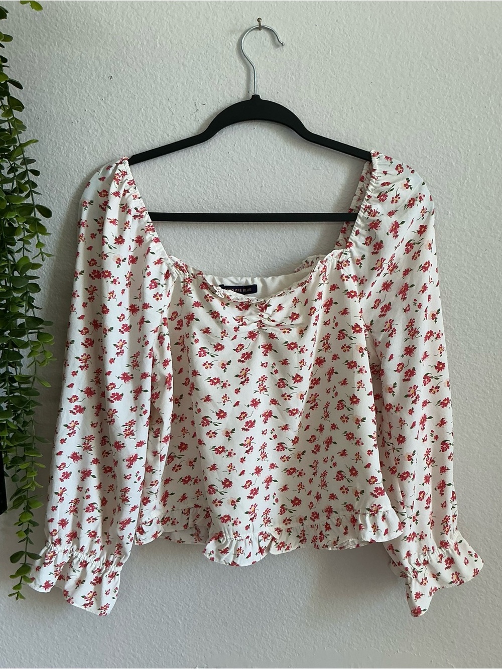 Skies Are Blue White Blouse with Red Floral Print